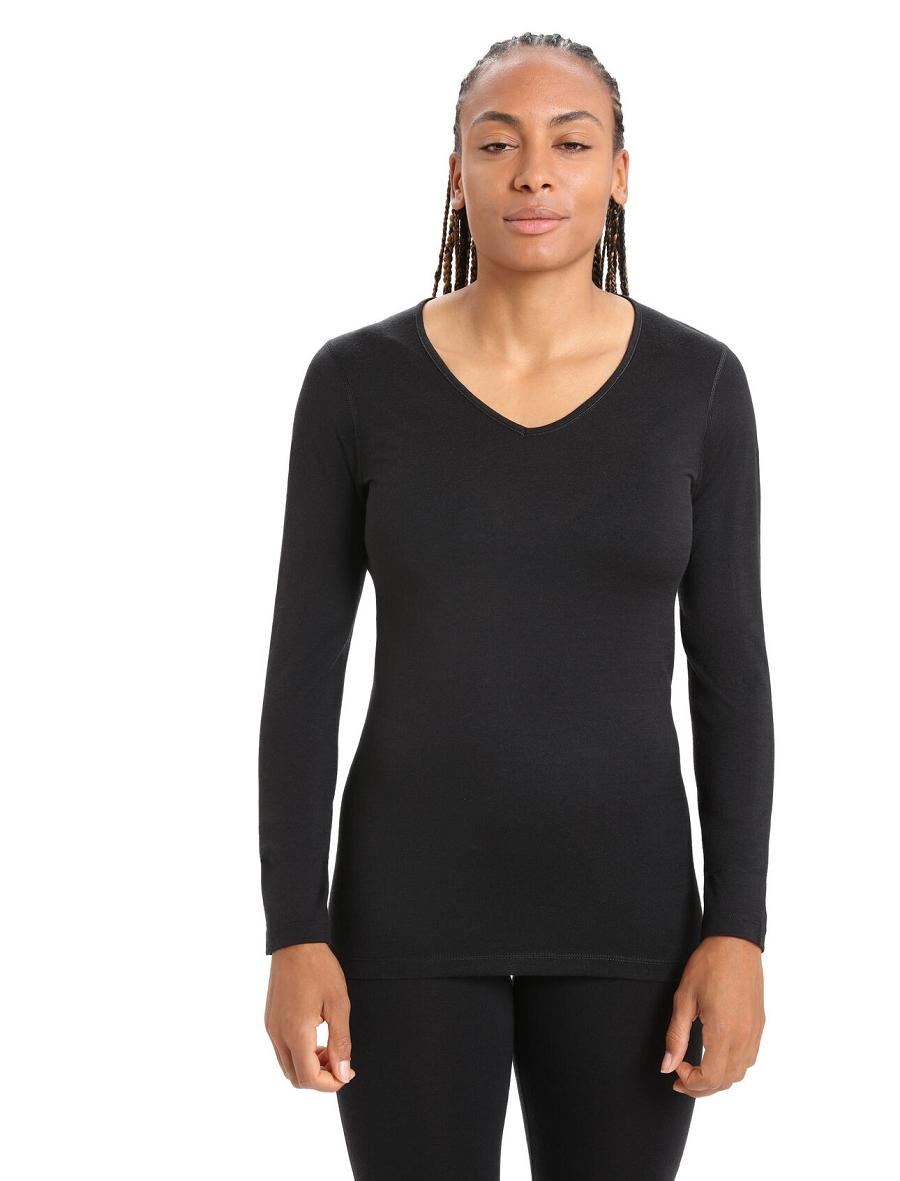 Black Women's Icebreaker Merino 200 Oasis Long Sleeve V Neck Thermal Top Base Layers | USA 1853RVDW